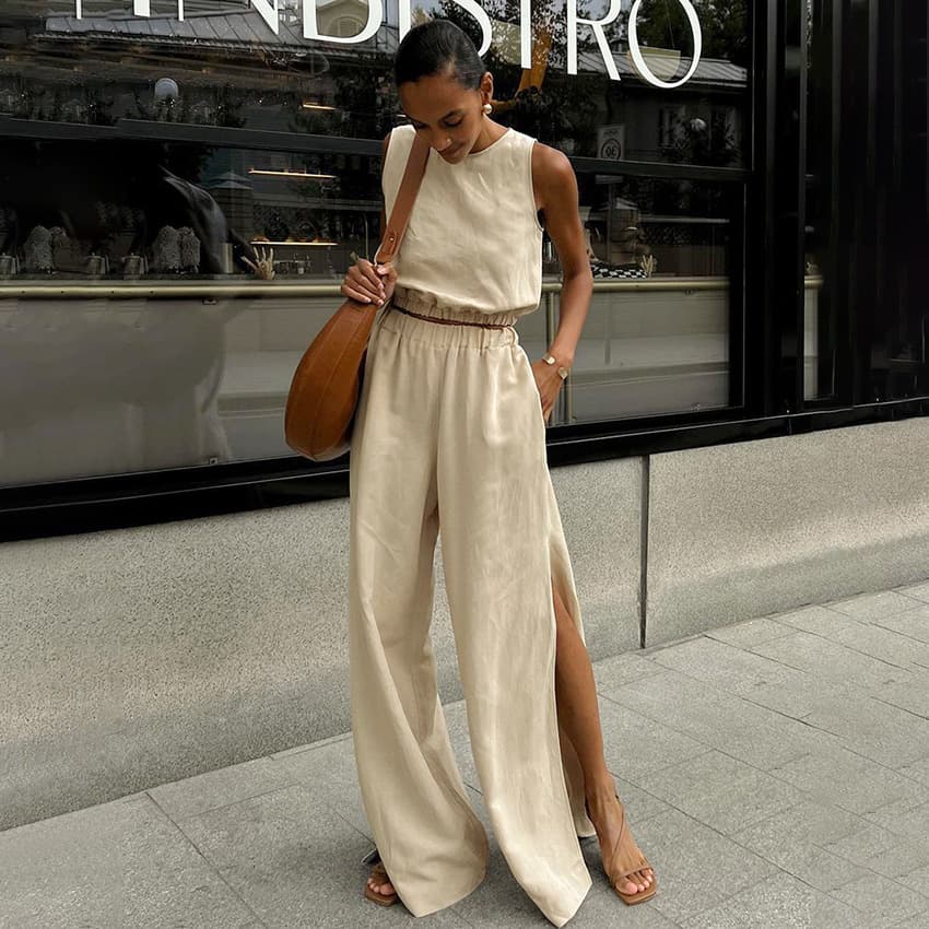 [Cotton Linen] Women's Cotton And Linen Vest Suit High-end Short Sleeveless Top Wide-leg Pants Two-piece Suit