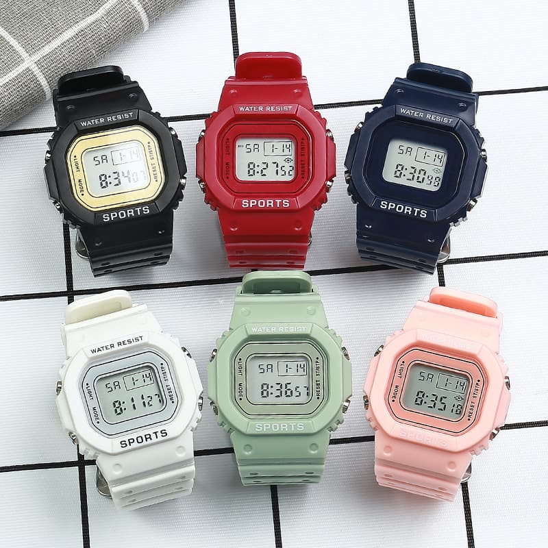 Sports Electronic Watch Multifunctional Luminous Alarm Clock Waterproof Matcha Green Solid Color Small Square Electronic Watch