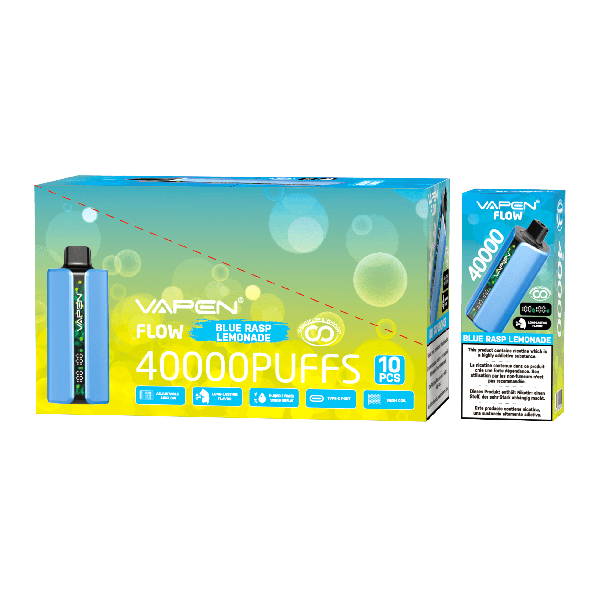 Lot de 10 cigarettes électroniques jetables Vapen Flow 40 000 bouffées (5 %), avec résistance mesh et saveurs variées (20 000, 30 000 et 50