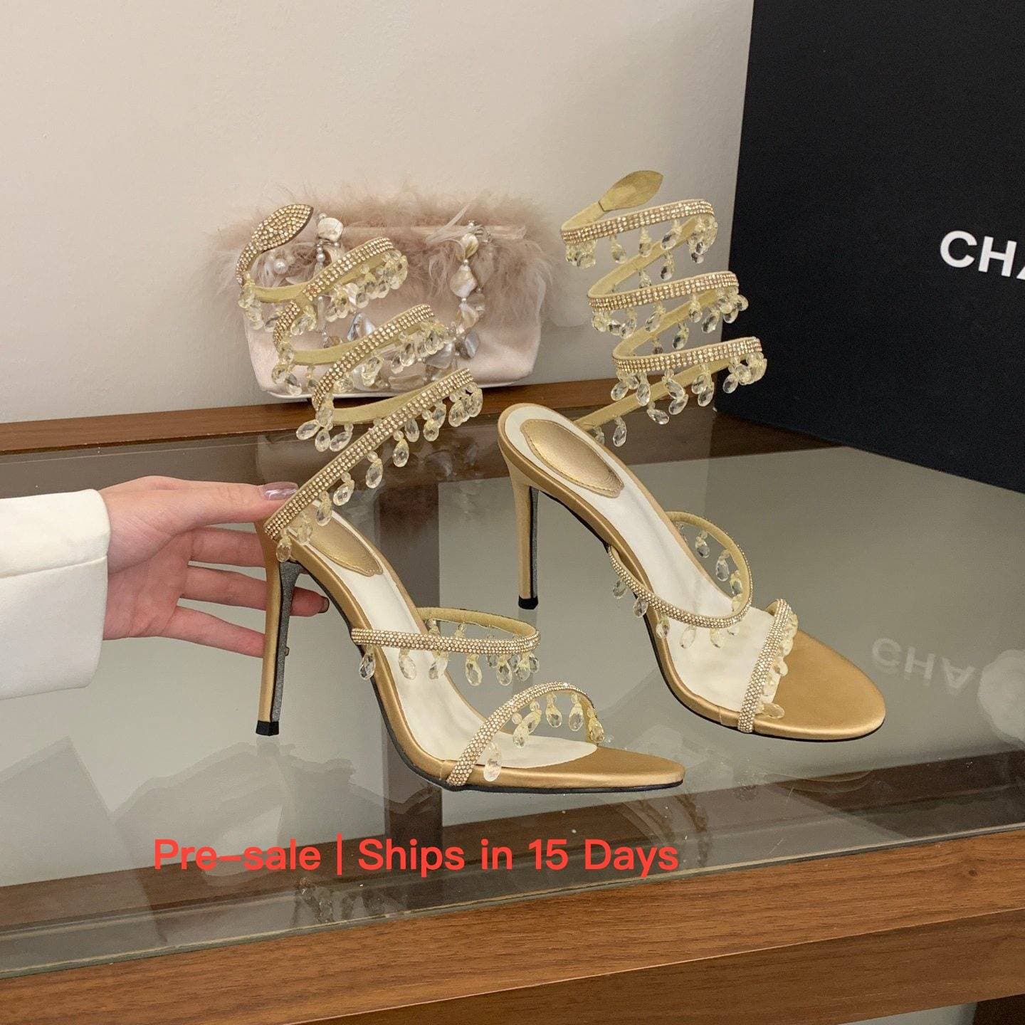 【Pre-sale | Ships In 15 Days】Women's Shoes High Heeled Sandals Snake Shaped Rhinestone Tassel Elegant Fairy Style Crystal Wedding Heeled Sandals