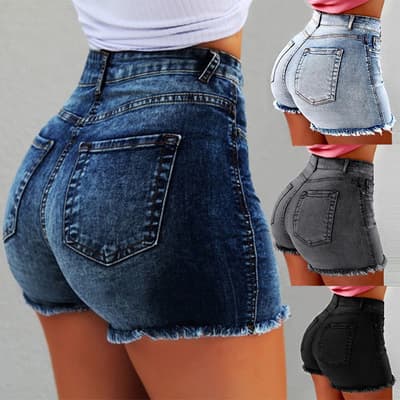 Summer Women Shorts High Waist Washed Retro Shorts Distressed Ripped Edge Butt-lifted Slim Fit Casual Club Party Short Pants