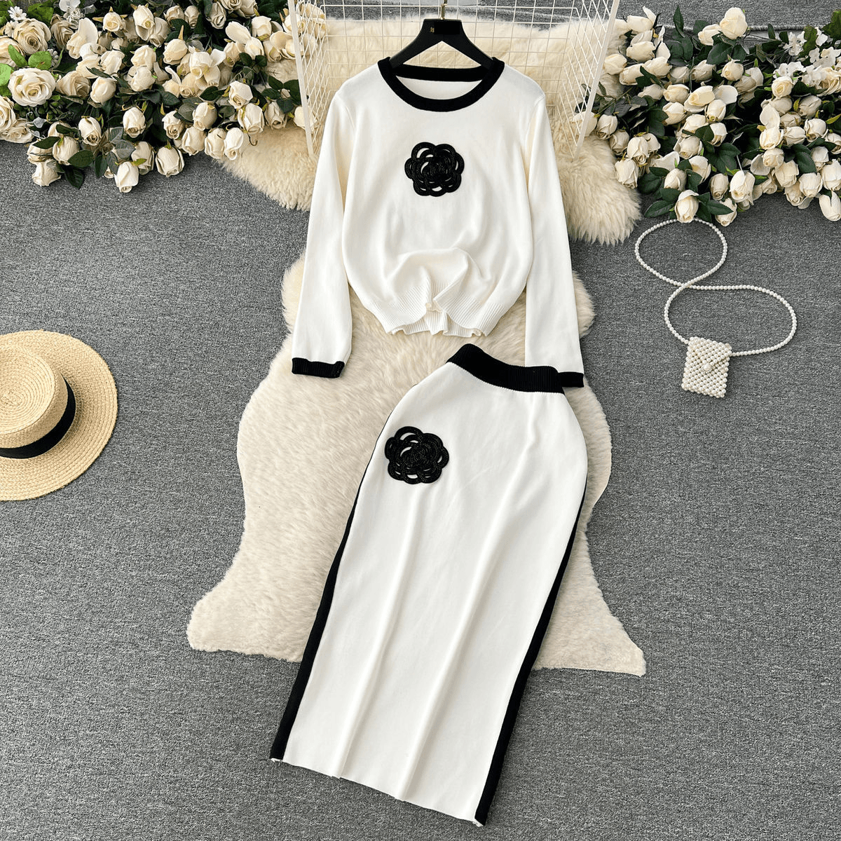 Women's contrasting color design round neck loose long-sleeved T-shirt + high-waist slim mid-length skirt two-piece suit