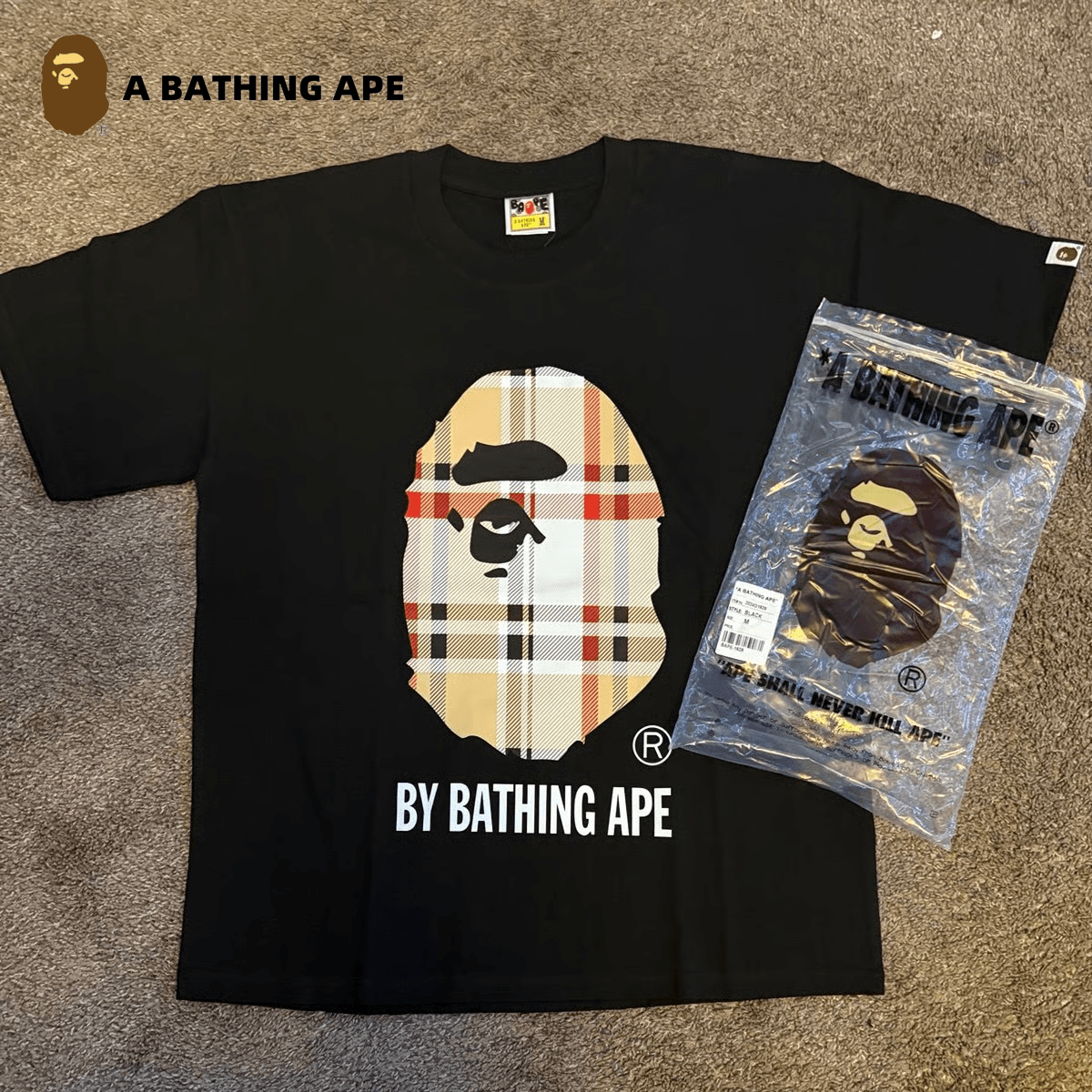 A BATHING APE BAPE&BB Checkered Striped Monkey Head Letter Print High-Quality Pure Cotton Short Sleeved Unisex-7