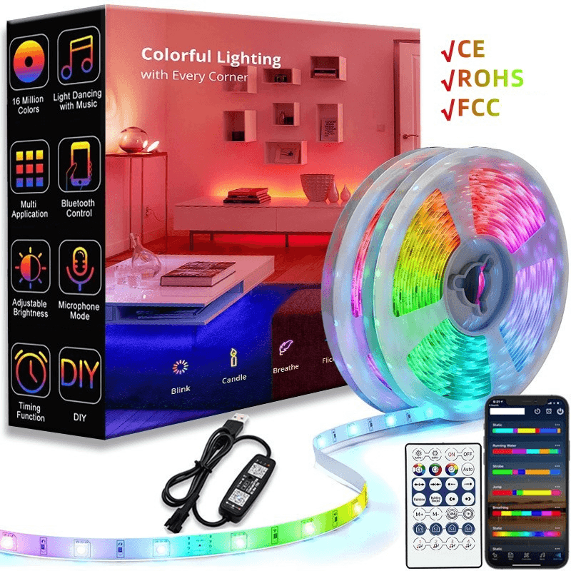 Bande LED RVB basse tension 5 V WS2812B 5050 avec Bluetooth et télécommande pour décoration intérieure et éclairage de fête