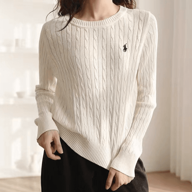 Pull brodé de golf torsadé pour femme, pull à manches longues et col rond