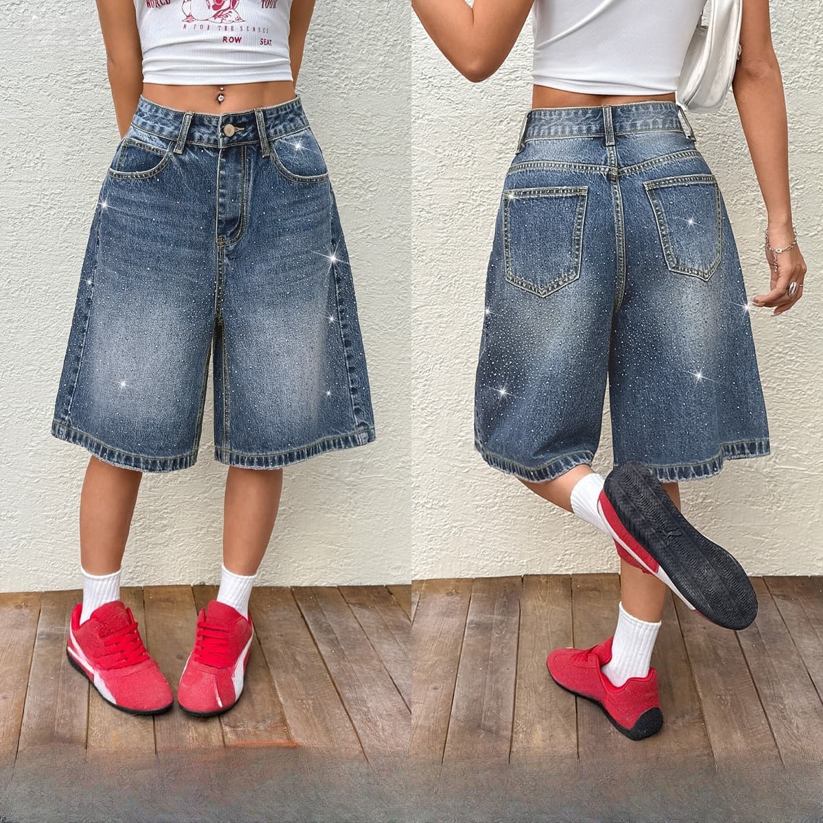 Women's Clothing Starry Rhinestone Denim Shorts Fashion Mid Length Loose Wide Leg Street Style Bottoms