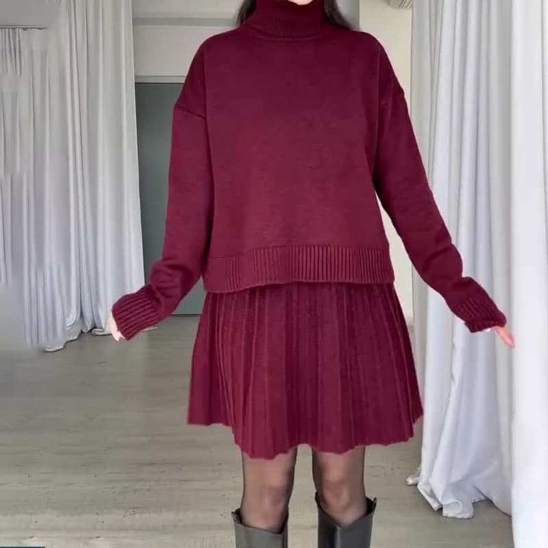 Women's Clothing Autumn And Winter New High Collar Long Sleeve Fashion Casual Pleated Short Skirt Suit