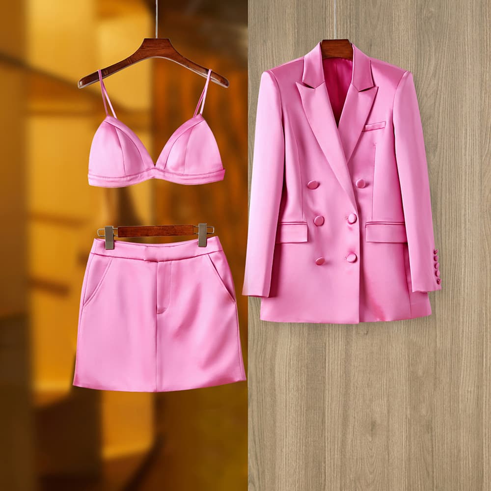 Women's Clothing Spring And Autumn Pink Satin Suit Jacket Hip Skirt Inner Wear Fashionable Three Piece Suit Trend