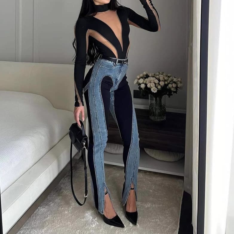 Vintage-Inspired High-Waisted Jeans – Contrast Panel & Side Slit Detail (95% Cotton, Sculpting Fit, Hand-Wash Recommended)