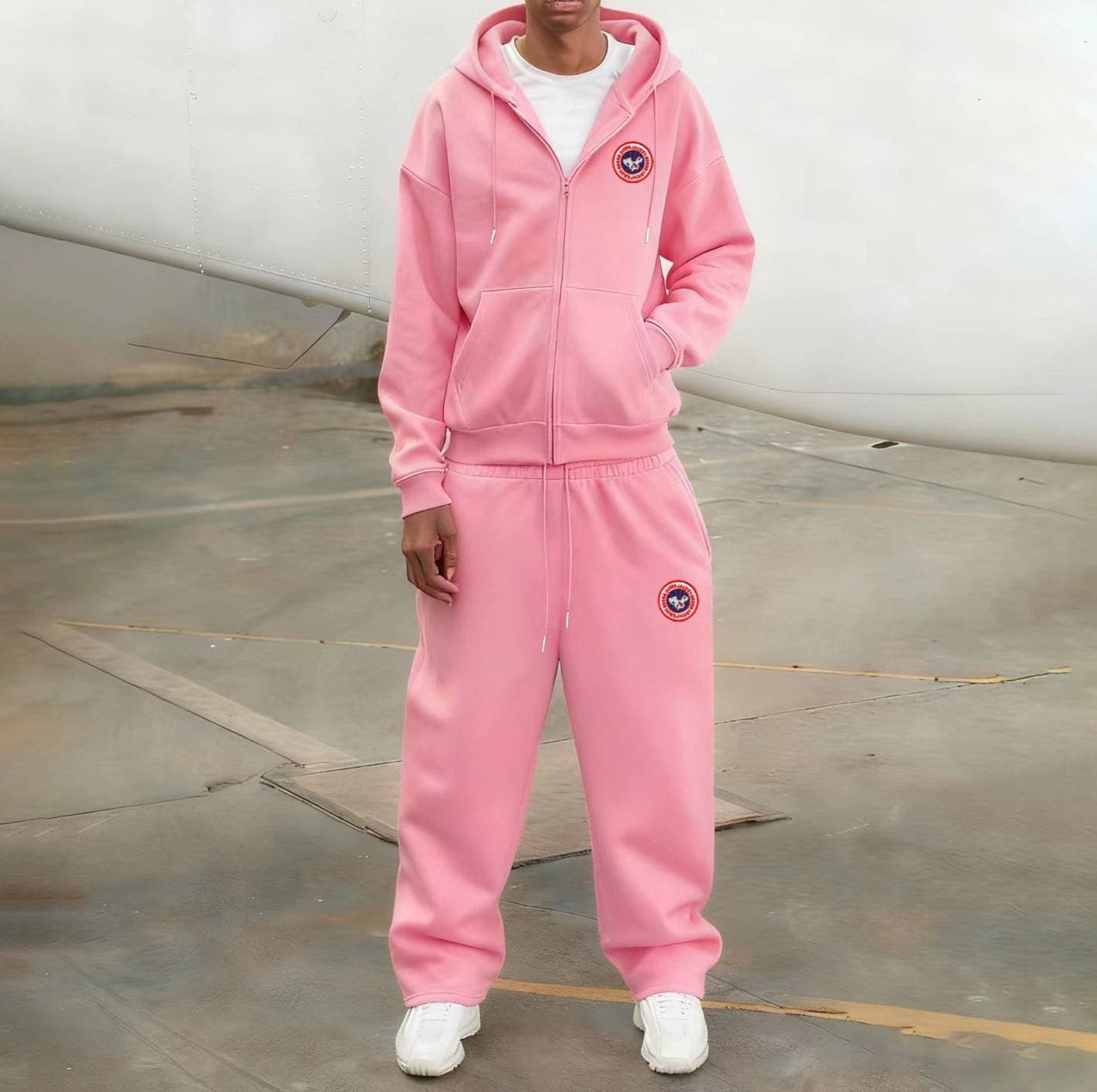 Women's Casual Streetwear Set - Comfortable Hoodie & Straight Leg Pants Two-Piece Outfit (Pink, Brown) | Loose Fit, Pure Color, Zip Detail
