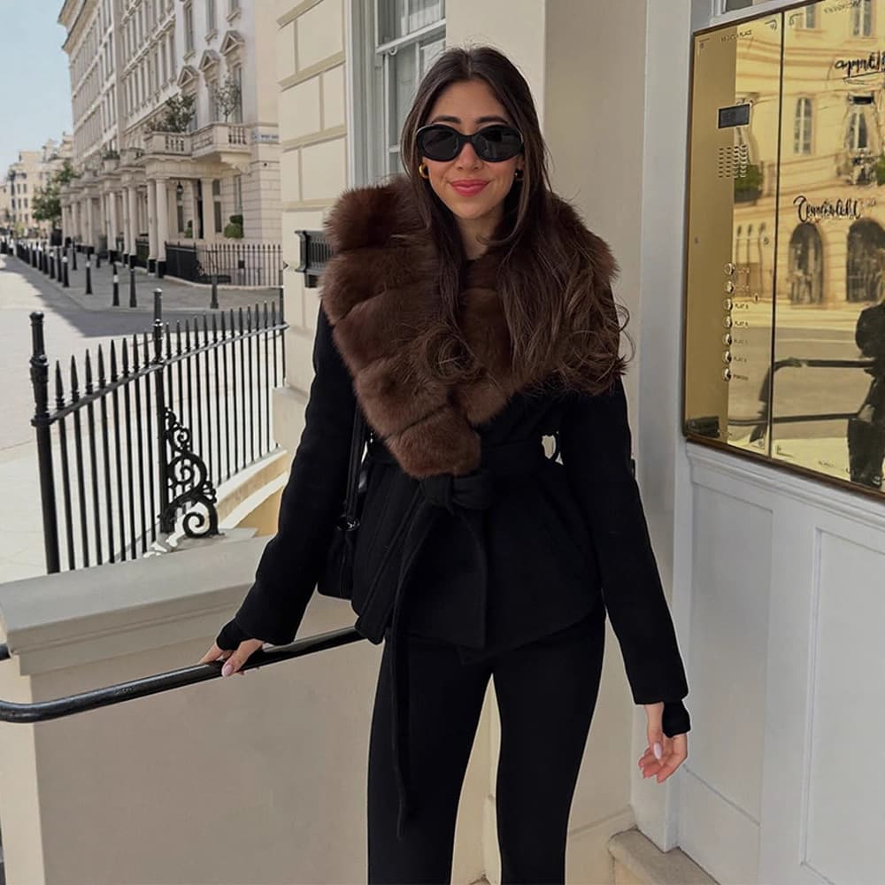 Women's Clothing Faux Fur Coat With Lapel Collar And Fur Collar Faux Fur Coat With Detachable Collar - Elegant Belted Winter Jacket, Black, S/M/L​