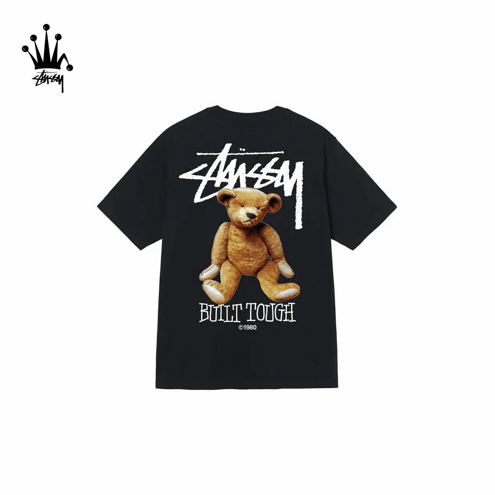 Stussy FW22 Built Tough Tee Straw Logo Bear Pattern Printed Round Neck Short Sleeve American Retro T-shirt Unisex