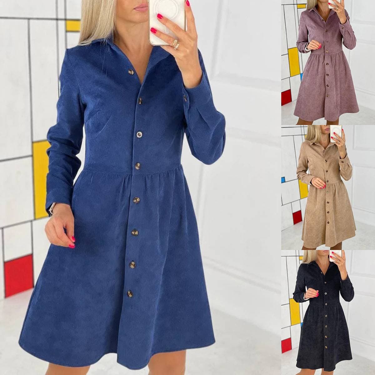 Women's Corduroy Shirt Dress – British Style Button Down Midi Dress (5 Colors)​