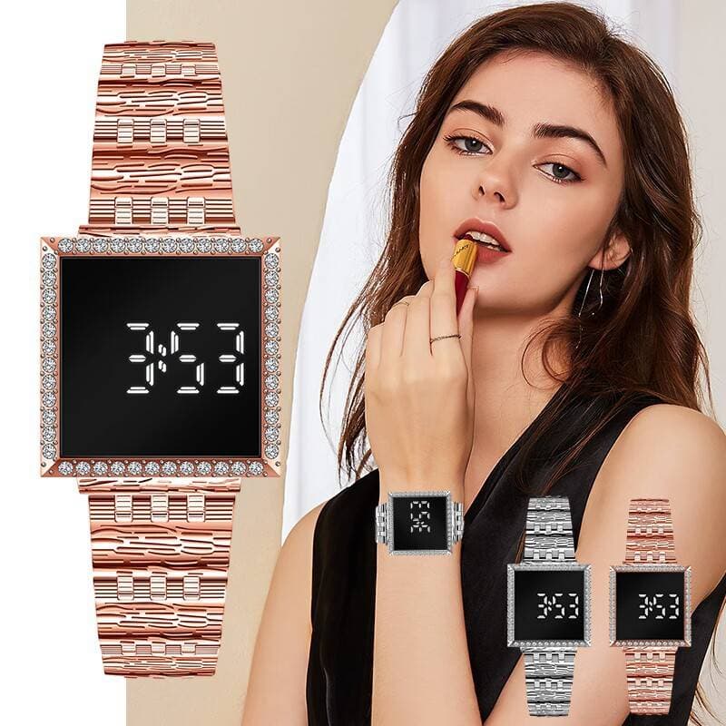 Fashionable Steel Band Diamond Inlaid Women's Watch Square Full Diamond Female Student Led Electronic Watch