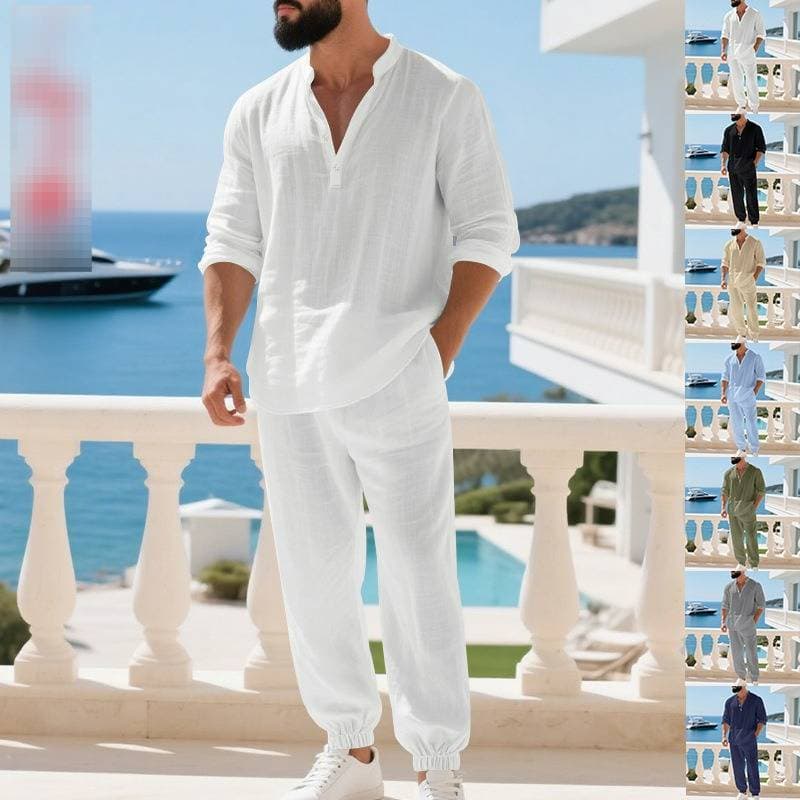 Autumn American Loose Linen Casual Trend Hawaiian Home Commuting Henry Shirt Long Sleeved Trousers Suit