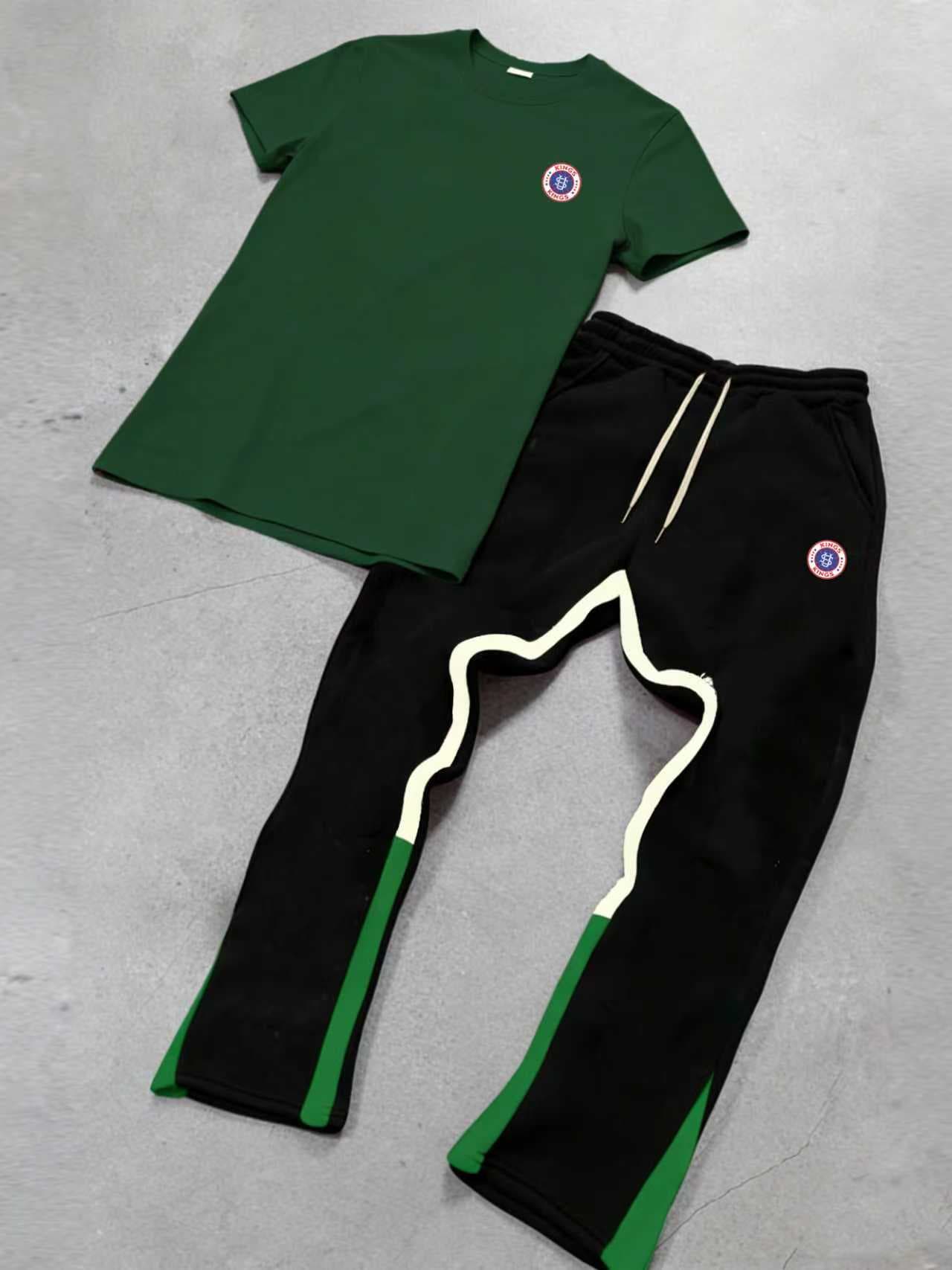 Men's Retro Crest Color-Block Track Set Preppy Contrast Panel Tee & Jogger Set