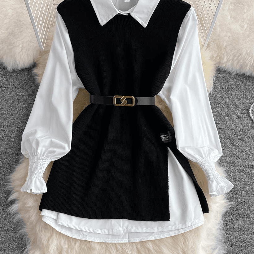 Long-sleeved suit white shirt sweater vest age-reducing loose knitted vest shirt two-piece suit for women