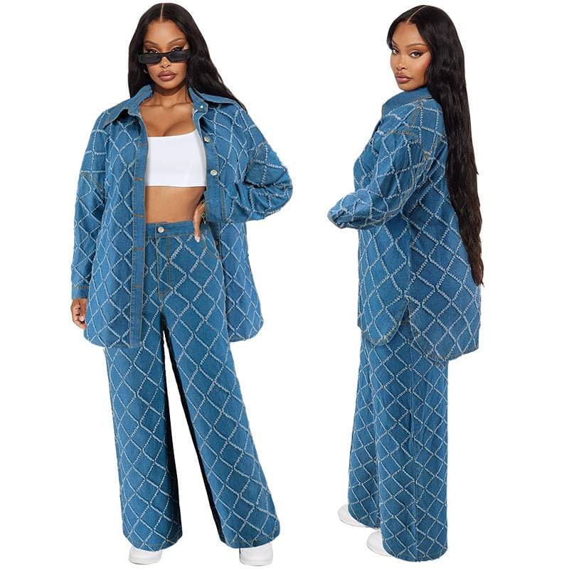 Women's Clothing casual plaid washed denim flared pants suit
