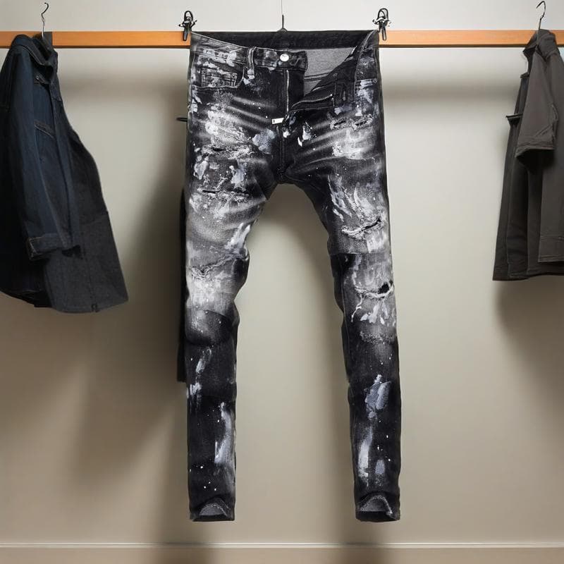 Men's Clothing High Street Fashion Ripped Jeans Distressed Black Grey Washed Paint Printing And Dyeing Slightly Elastic Slim Fit Skinny Jeans