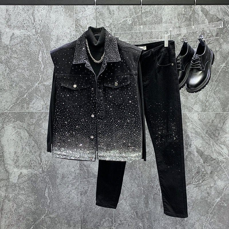 Men's Clothing Hot Drilled Star Studded Denim Vest Jacket Street Rocking And Versatile Loose Sleeveless Vest Vest Trend