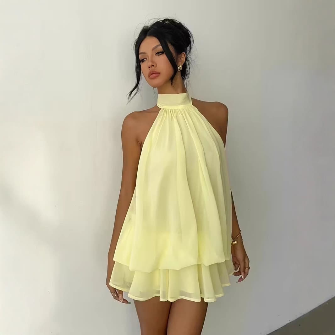 Women's Clothing Sexy Backless Halter Neck Puffy Short Dress Tie Waist Hot European American Dress For Formal & Casual