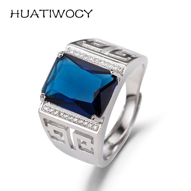 Fashion Men Ring with Sapphire Zircon Gemstone Accessories Sier Jewelry Open Finger Rings Wedding Party Gifts Wholesale