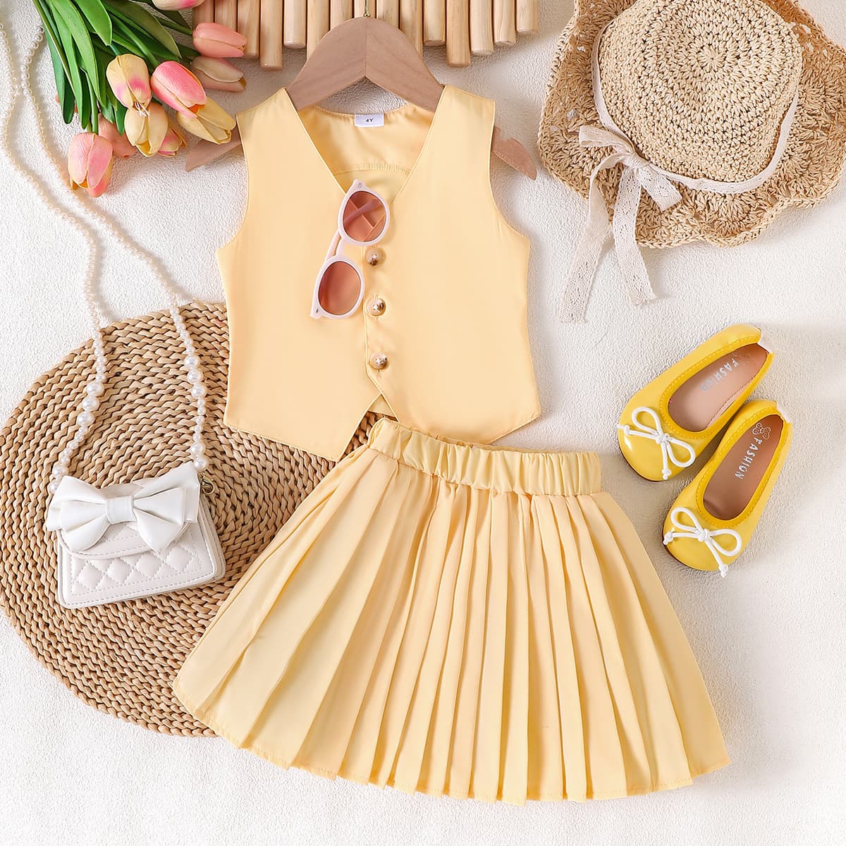 Kid's Clothing Summer Girls V Neck Sleeveless Jacket Vest Pleated Skirt Small And Medium Sized Children's Two Piece Suit