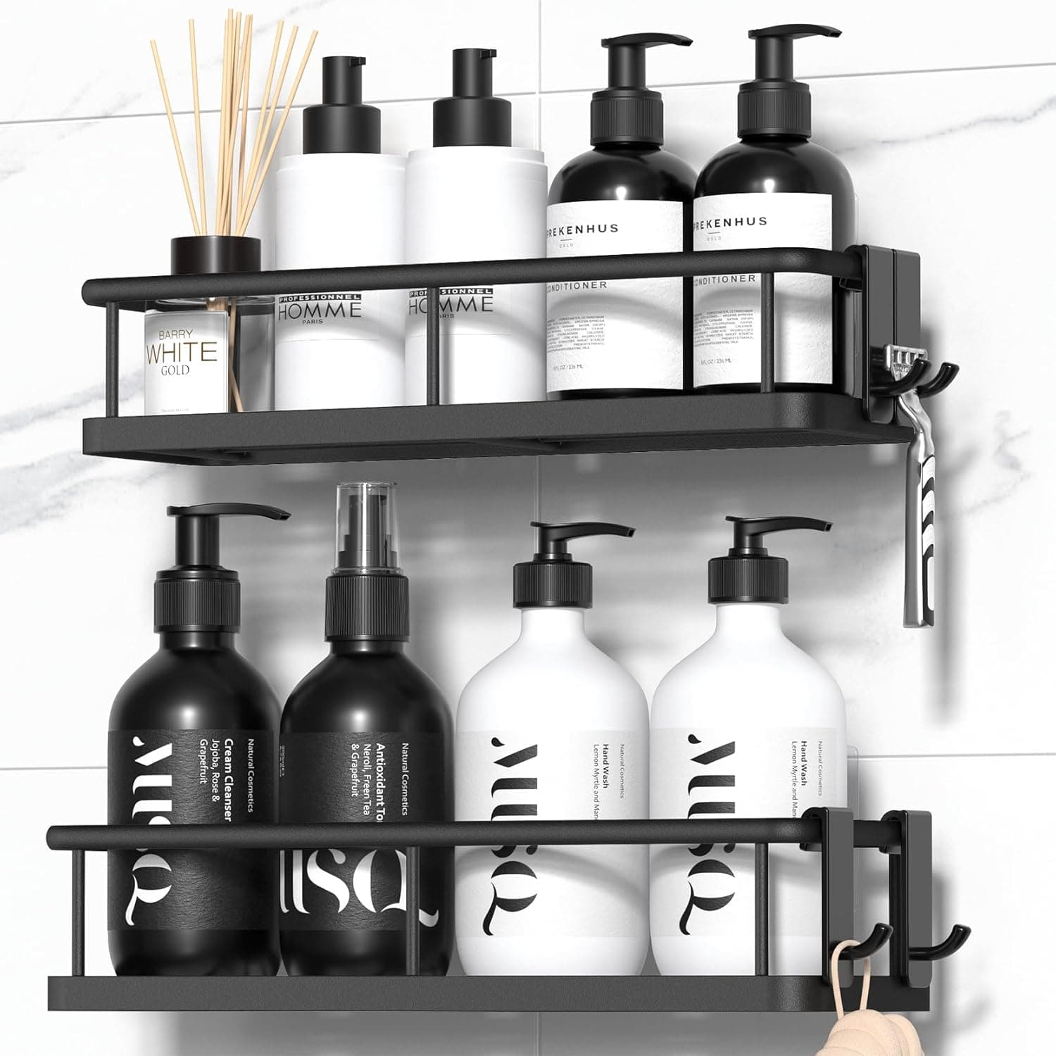 No-Drill Bathroom Wall Rack - 2-Tier Rustproof 18kg Capacity Adhesive Mount Tile/Glass Safe