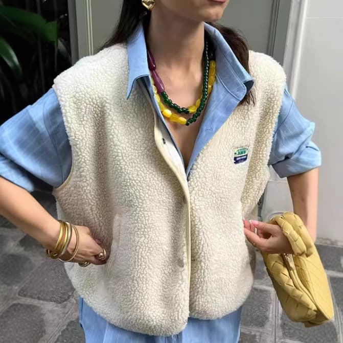 Women's Clothing ​​Fluffy Sleeveless Short Vest Top For Women - Trendy Cropped Button-Up Cardigan With Pockets​​