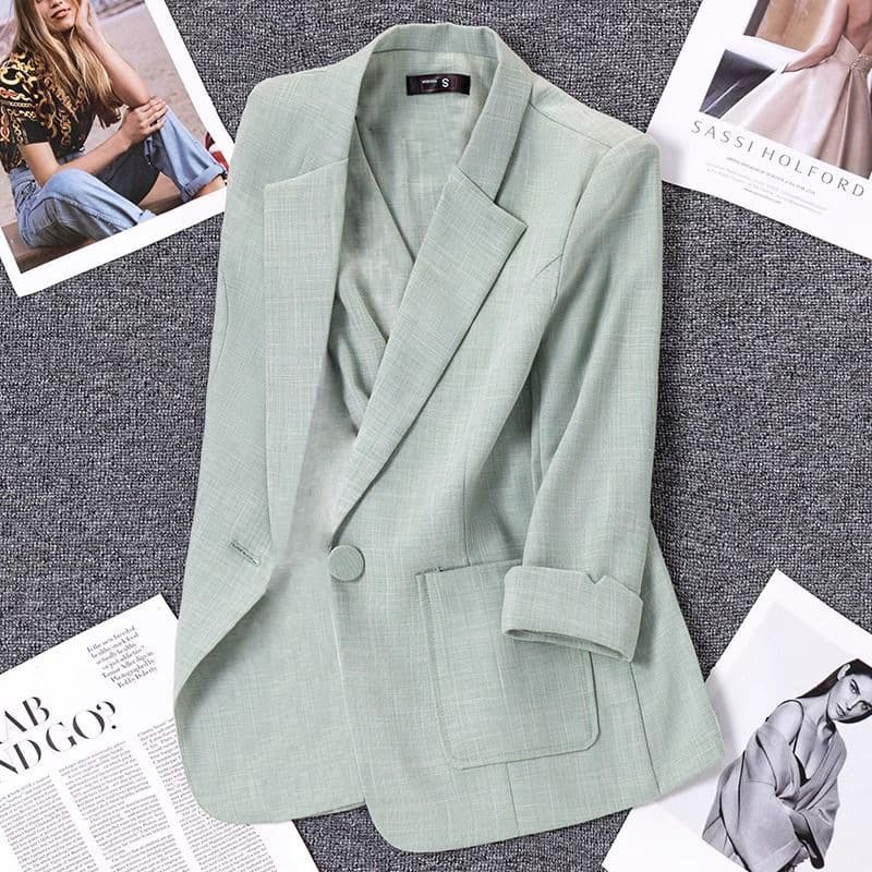 [Cotton Linen] Women's Clothing Light Green Linen Suit Short Jacket Thin Summer Small High End Casual Suit Temperament Top