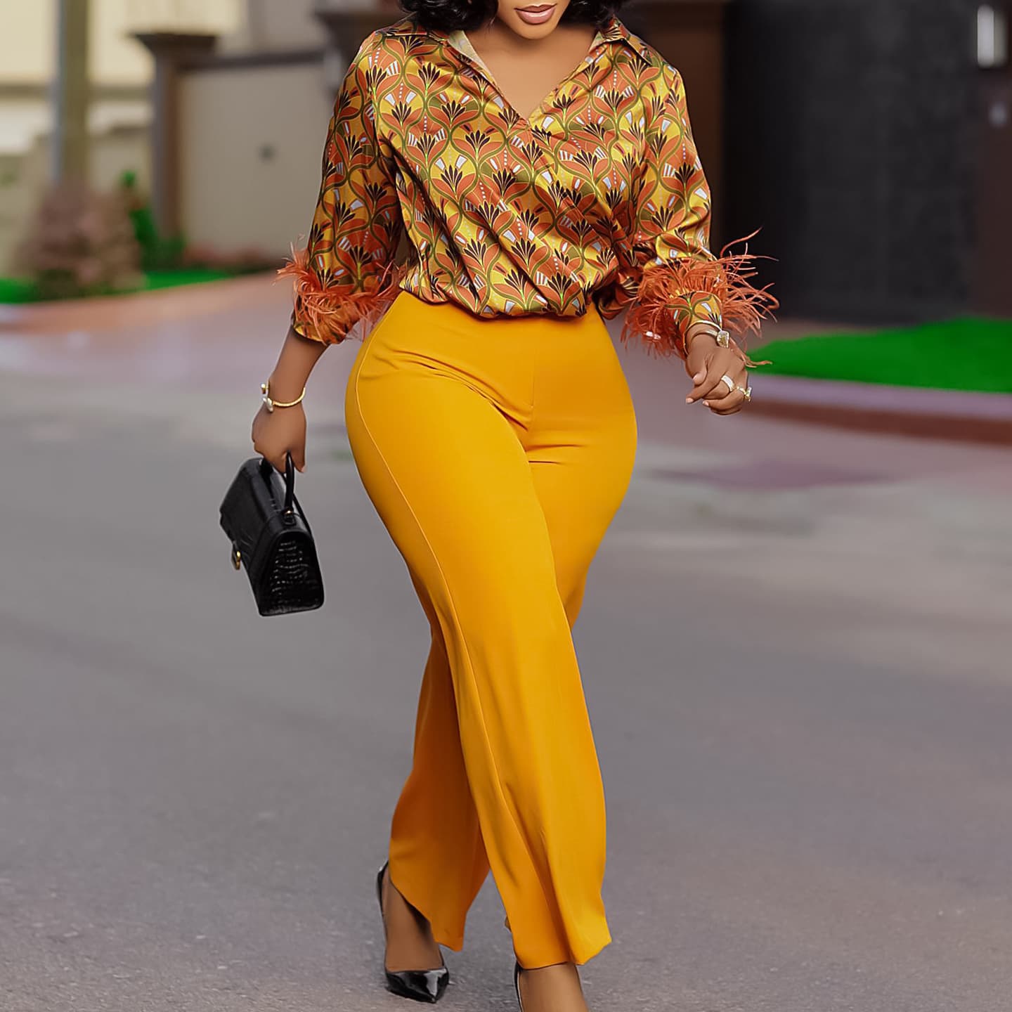 Women's Clothing printed long sleeved shirt temperament elegant wide leg pants fashionable suit