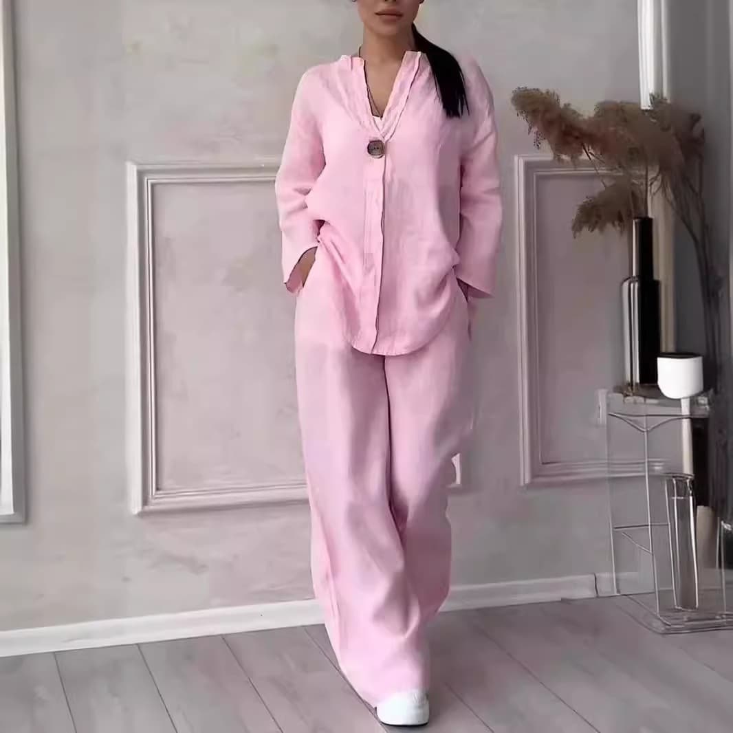 Ensemble haut à manches longues et pantalon large en lin mélangé pour femme - Tenue confortable et respirante pour le travail et le quotidien