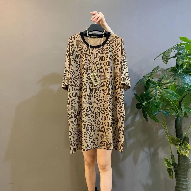Women's clothing summer loose belly-covering versatile medium and long short-sleeved leopard print T-shirt tops for women