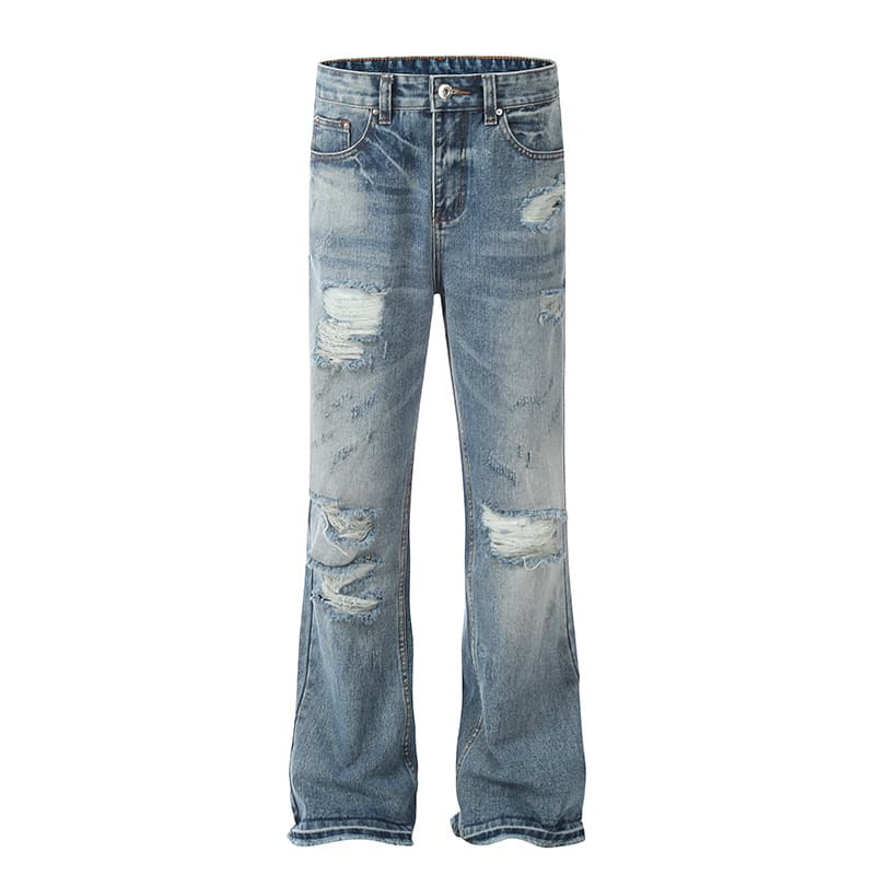 Men's Clothing High Street Hole Washed Design Flared Jeans American Street High Cleanfit Men And Women Mopping Trousers