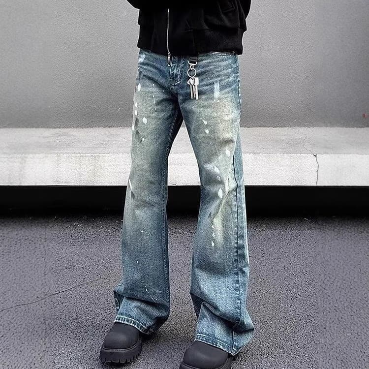 Men's Retro Splatter Paint Jeans – High-Street Drop-Crotch Straight & Flared Pants (S-3XL) | Vintage Washed Cotton, Button Fly
