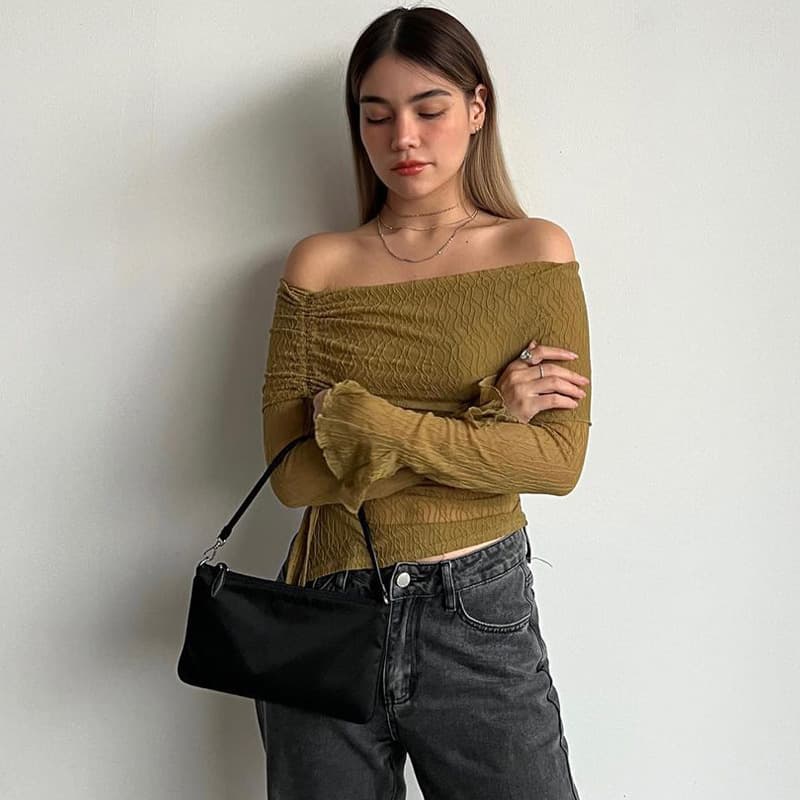 Women's clothing autumn new pure desire style hot girl one-shoulder off-shoulder long-sleeved knitted sweater top