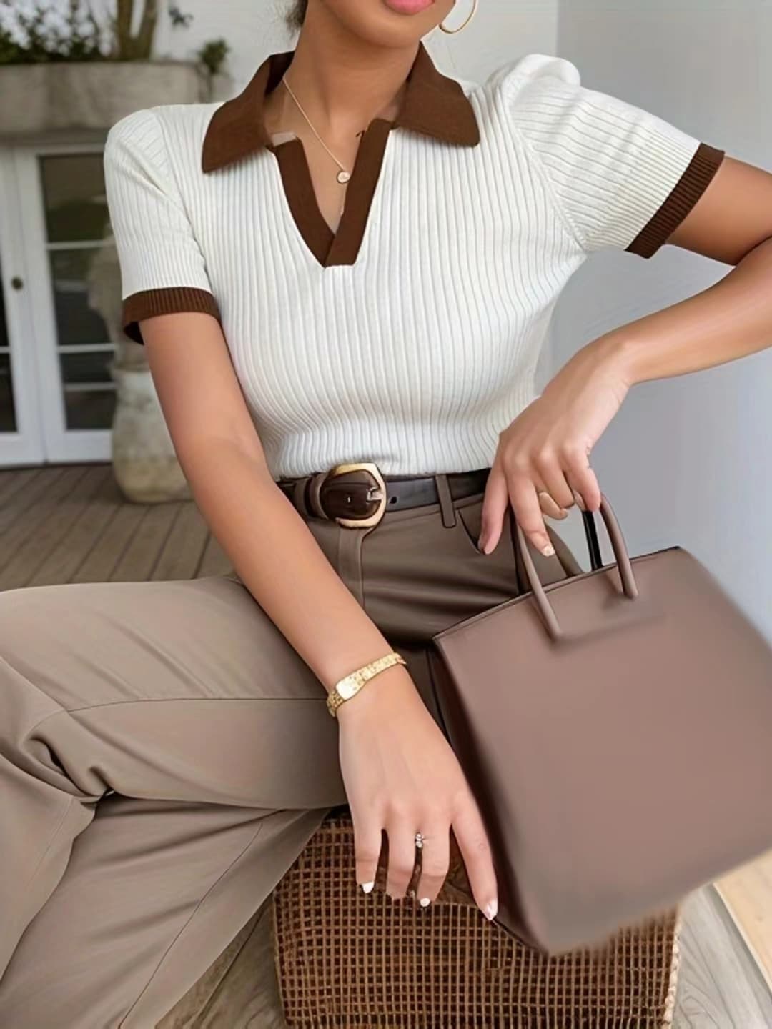hot selling French haute couture and elegant polo shirt, women' contrasting V-neck short sleeved ice silk top, with knitted sweater