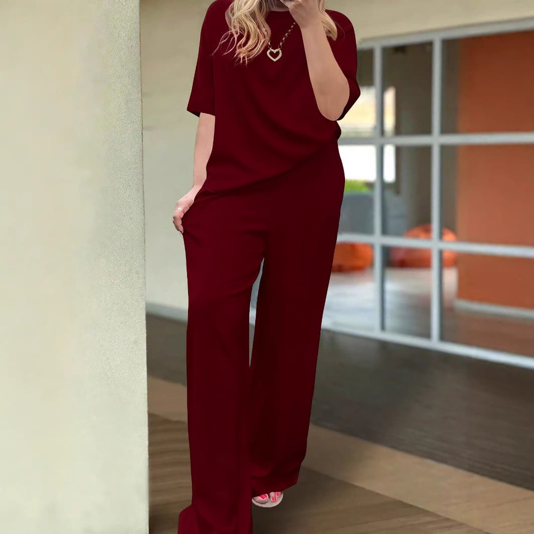 Ensemble d'été décontracté pour femme : pantalon uni, haut à manches courtes et col rond, taille élastiquée et poche.