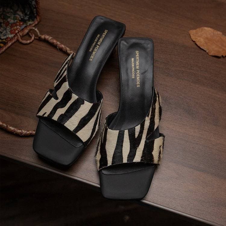 Summer Women's Fashion High Heel Slippers ZebrPatterned Hair Square Head Open Toe IndoorOutdoor Wearable SlipOn Shoes