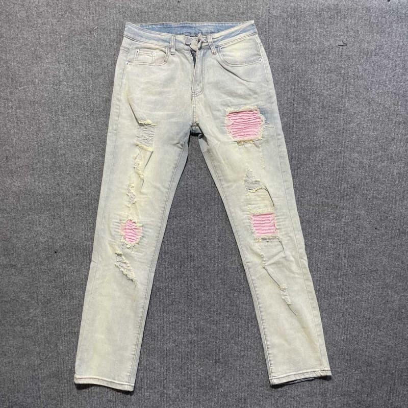 US Drips Jeans Blue Distressed Streetwear High Stretch Red Patchwork Holes Moustache Slim Fit Ripped Jeans Men