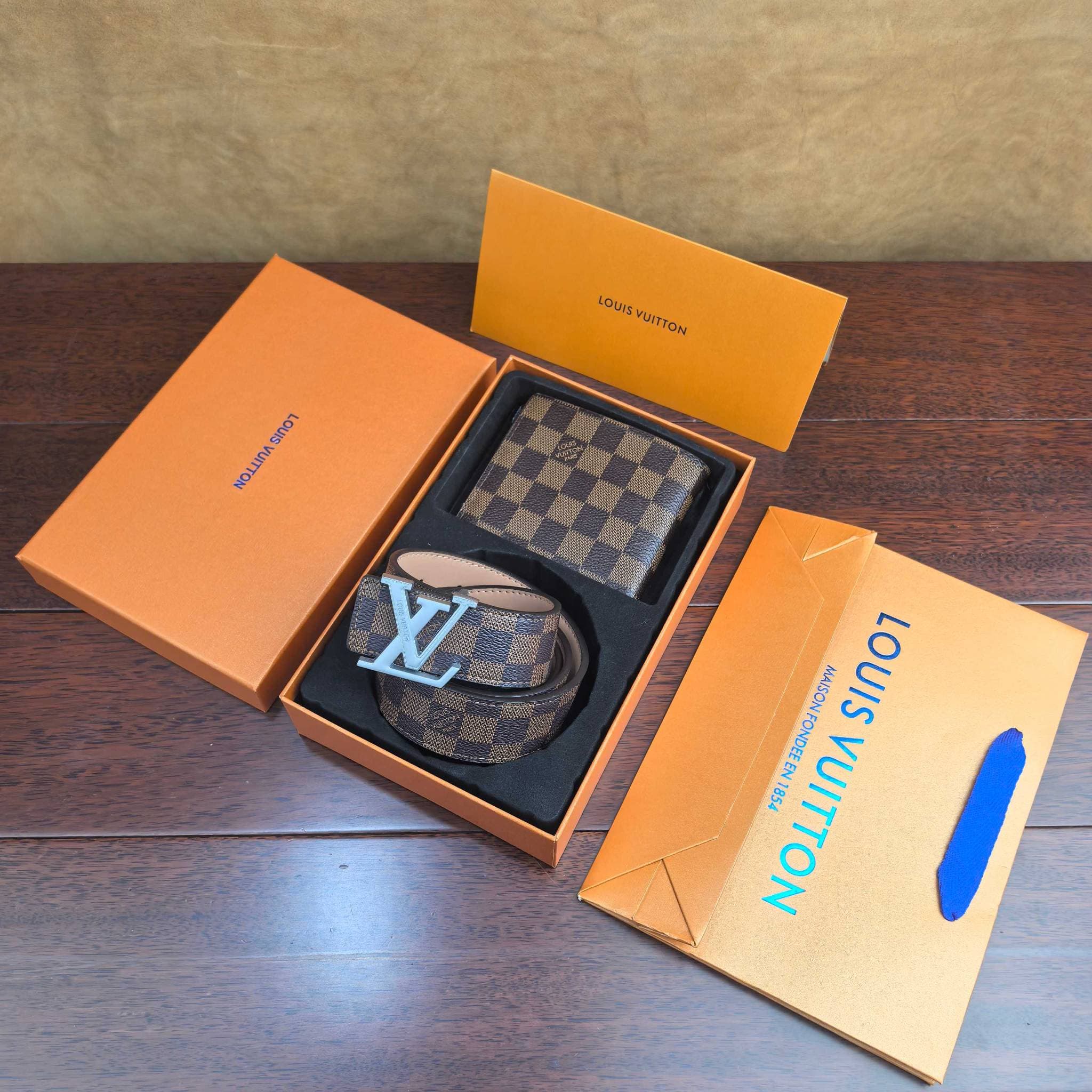 Ensemble ceinture et portefeuille pour homme, marque de luxe, ceinture en cuir à boucle, portefeuille court avec boîte