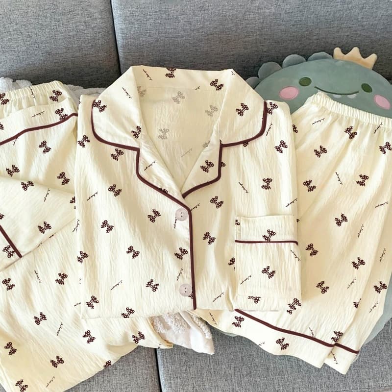 ​Korean Style Summer Pajama Set For Women - 3 Piece Bow Tie Short Sleeve Loungewear Set, Breathable Milk Silk Fabric, Home & Outdoor Wear
