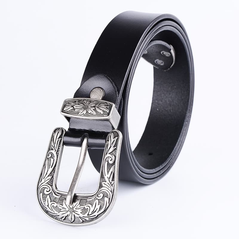 Women's Genuine Leather Belt With Alloy Flower Buckle - Two-Layer Cowhide For Casual & All-Match Style