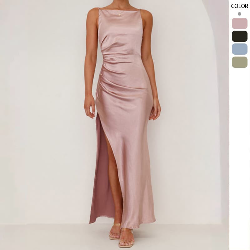 Women’s Clothing Spring And Summer Women's New Style Pure Color Sexy Backless Slit Mid Length Skirt Sleeveless Suspender Dress Women