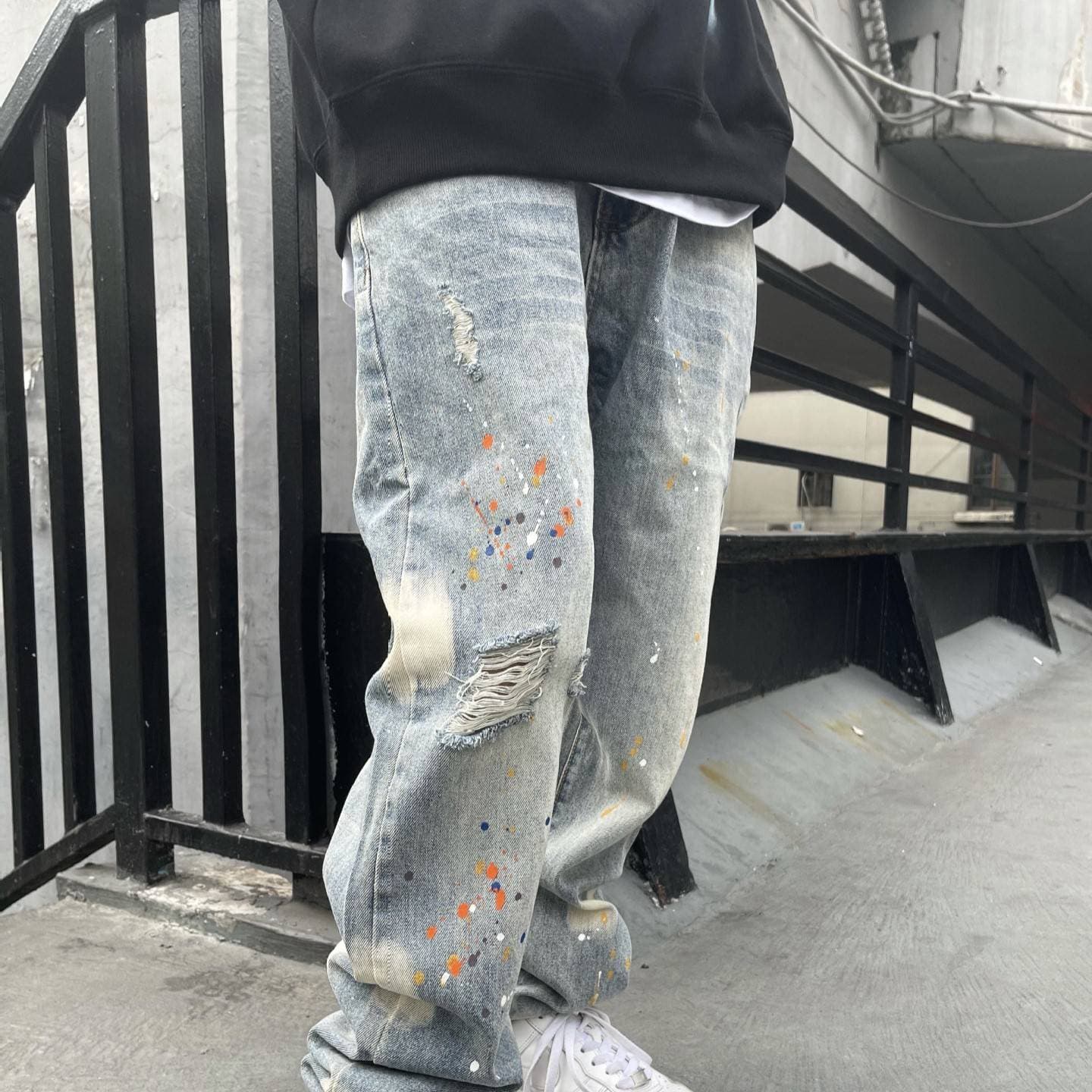 Men's Clothing Street Hip Hop Retro Washed Old Ink Graffiti Ripped Straight Jeans For Men