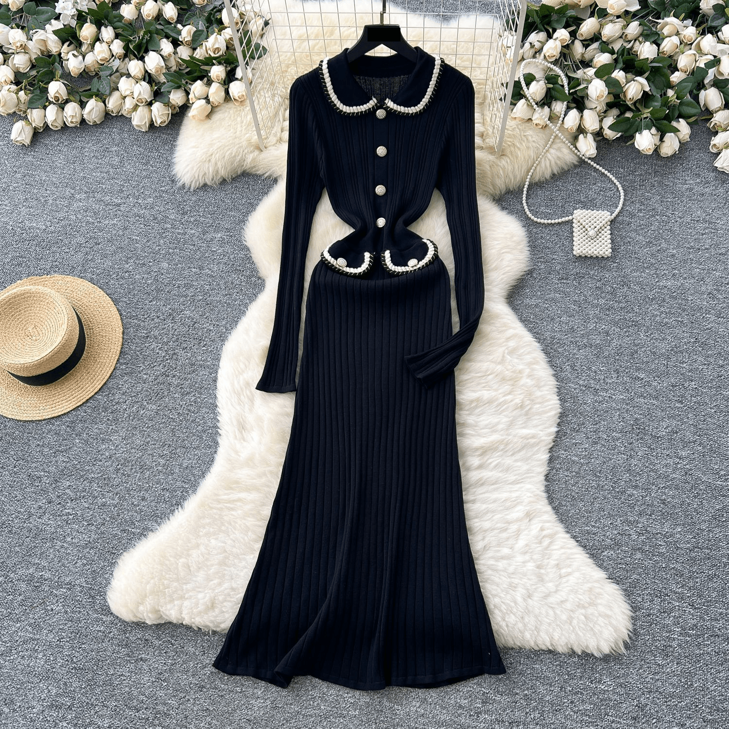 Elegant Knit Dress With Chic Contrast Collar & High Waist For Women - Versatile Office & Casual Wear