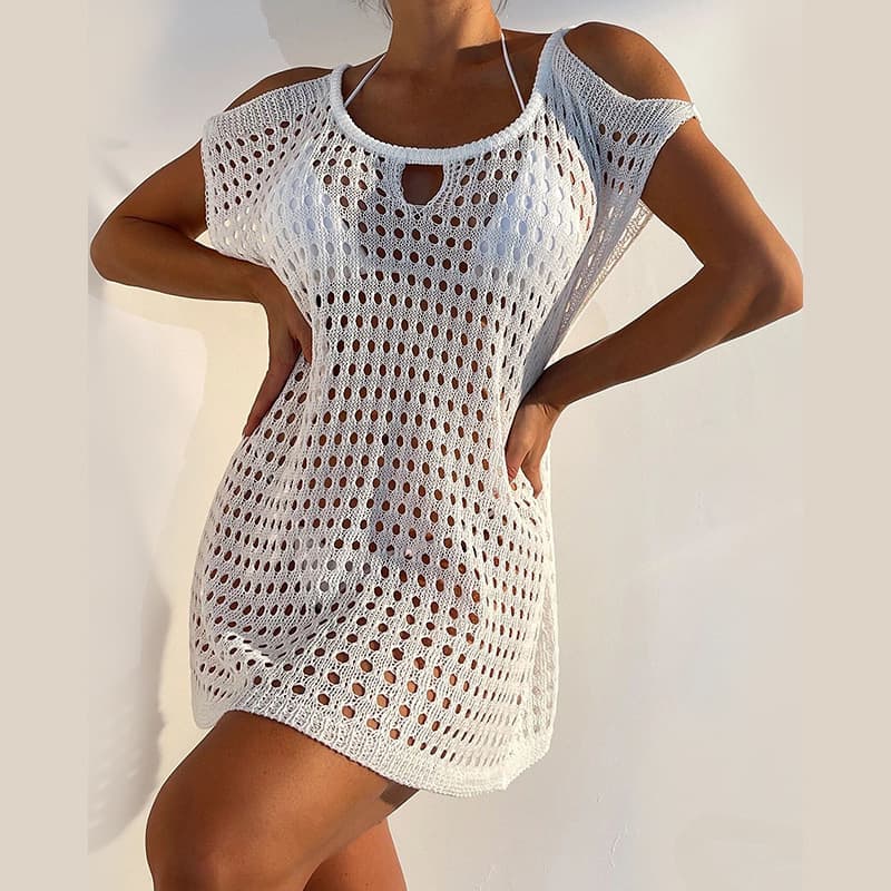 Women's clothing new hollow knitted off-shoulder mesh skirt beach skirt bikini cover-up vacation knitted sweater sunscreen shirt for women