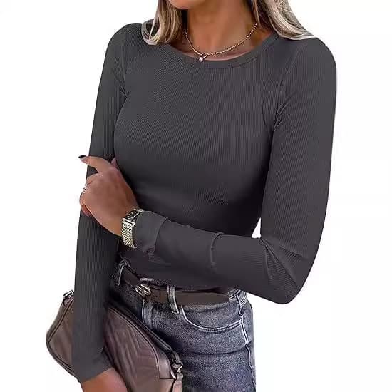 Women's Long Sleeve round Neck Ribbed T-Shirt Elastic Slim Fit Casual Basic Top European American Style