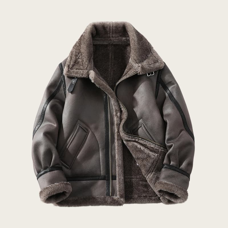 ​Men's Fleece-Lined Faux Shearling Jacket - Slim Fit Windproof Bomber With Notched Lapel (Taupe, Sizes M-5XL)​