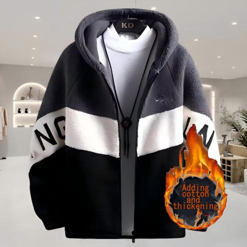 Men's 2024 New Heavyweight Autumn and Winter Men's Hooded Jacket Loose Granular Velvet Cotton Coat Thickened Contrasting Color Simple Jacket for Men